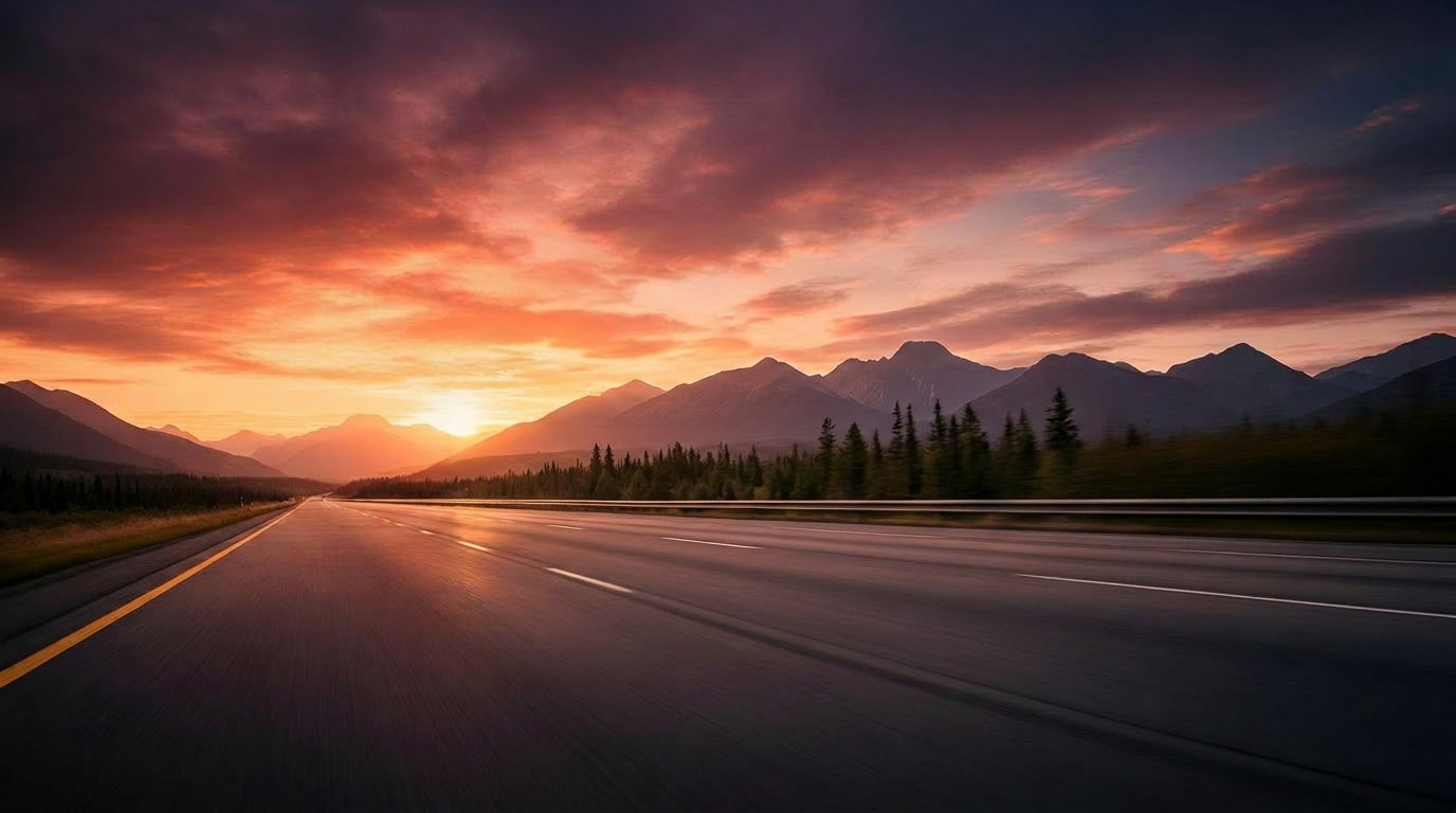 Canadian highway at sunset with mountain views